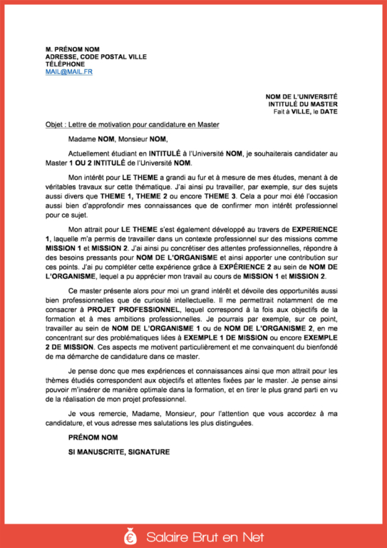 Lettre de motivation pour un Master Exemple et Modèle Salaire brut