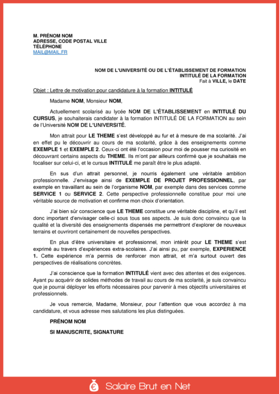 Lettre de motivation pour ParcourSup  Exemple et modèle  Salaire brut